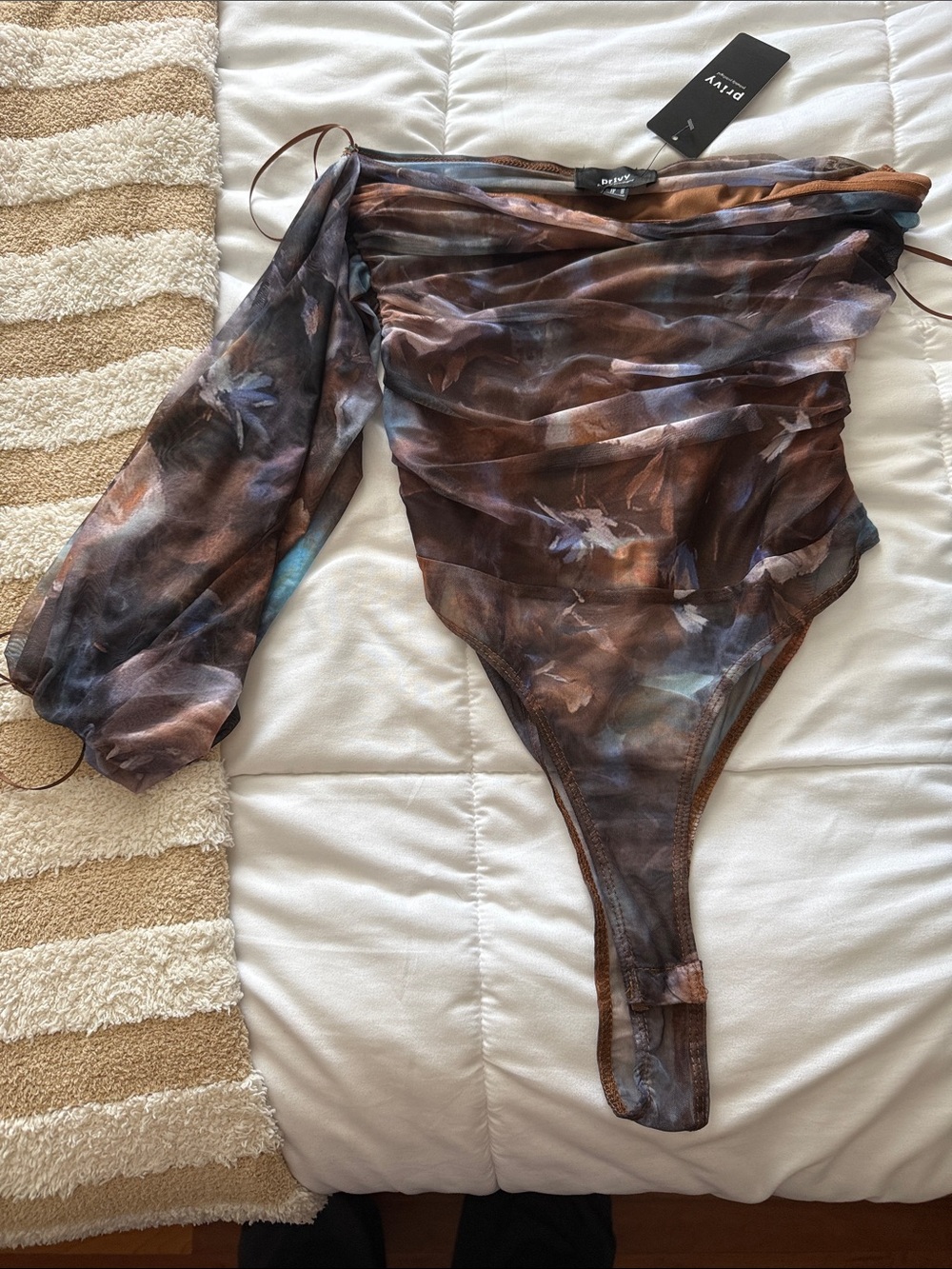 Pinky Brown Marble One-Shoulder Mesh Bodysuit with Blue Accents